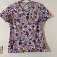 Code Happy Scrub Top Pink Owl Design Women's Size Small