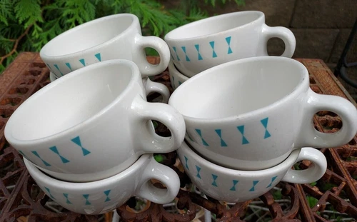8 Homer Laughlin Best China Atomic Turquoise Bow Coffee Mugs Restaurant Ware