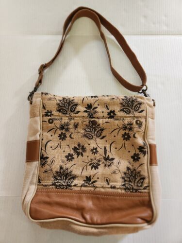 Myra Bag Blossom Print Upcycled Hobo Crossbody Bag Leather Canvas Boho