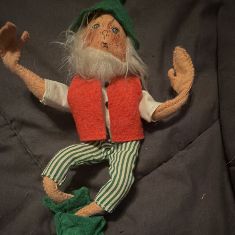 Vintage Elf Doll Soft Body Felt Fabric White Straight Hair Green Hat Red Vest