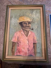 Vintage Original Chunky Impasto Abstract Smoker Painting Antique Frame HAITI