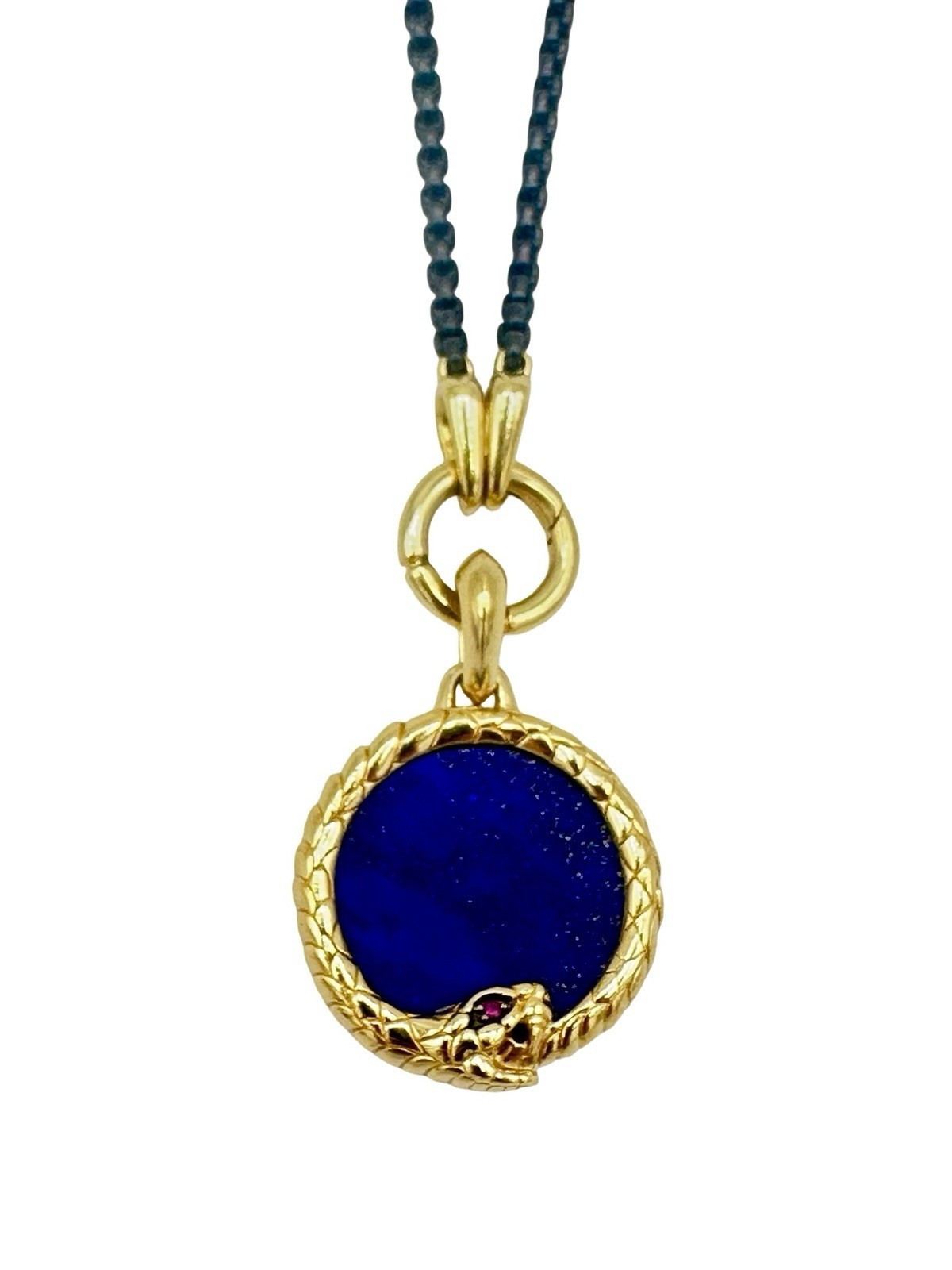 David Yurman Cairo Ouroboros Amulet 18K Yellow Gold w/ Lapis and Ruby w/ Chain
