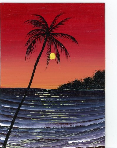 ACEO Original Acrylic Sunset Tropical Palm Tree Ocean Waves Painting Art HYMES