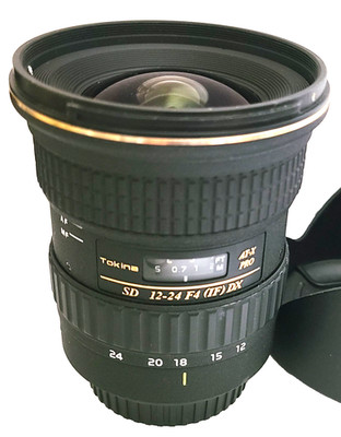 Tokina AT-X Pro SD 12-24mm F/4 Lens Aspherical DX f/ Canon EF w Hood Excellent+