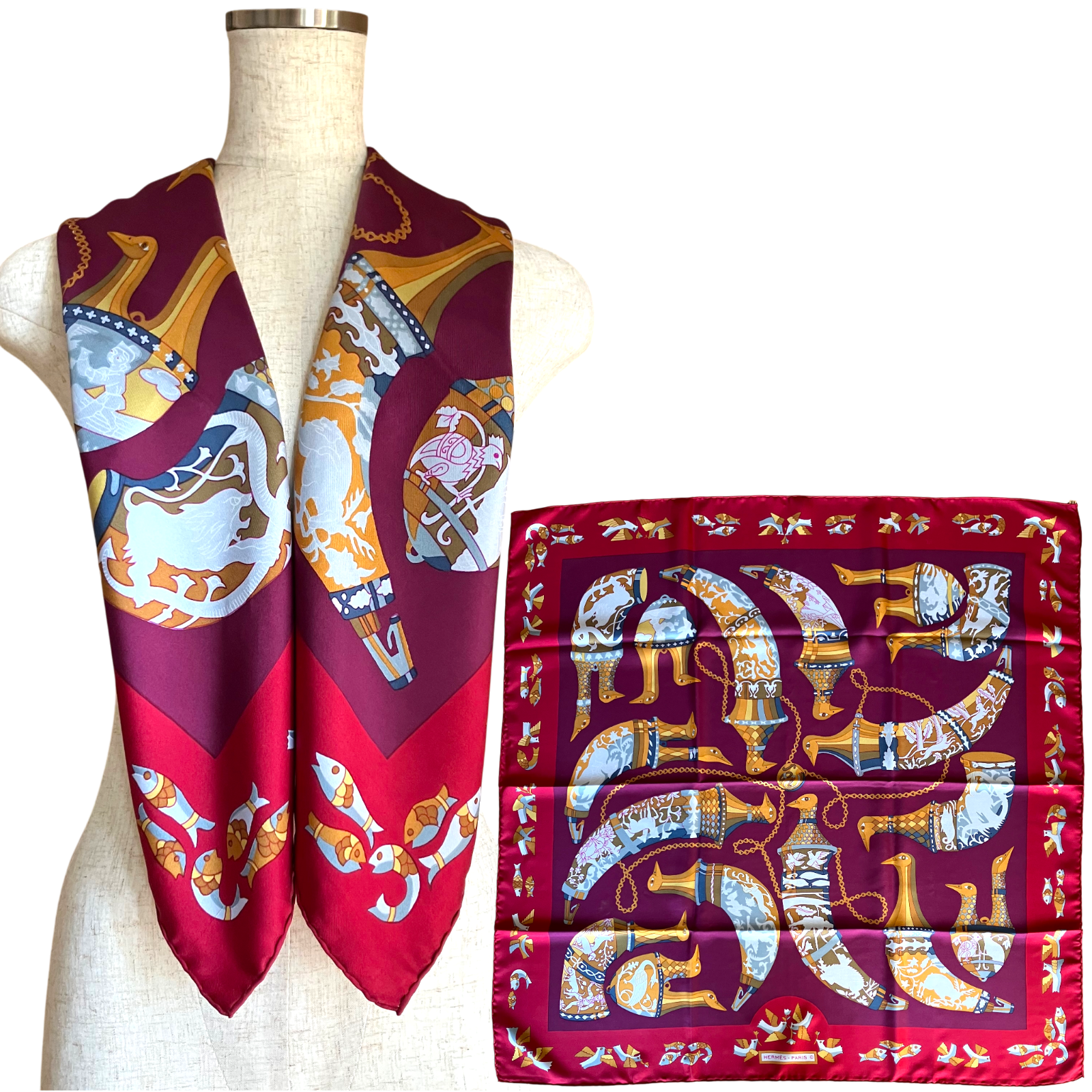 HERMES Carre90 Karin Swildens Red 100% Silk Scarf Vintage Rare Cleaned