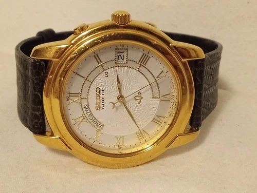 Vintage Mens Seiko Kinetic Indicator Watch 5M42-0B49 Gold Plated Case Roman Dial