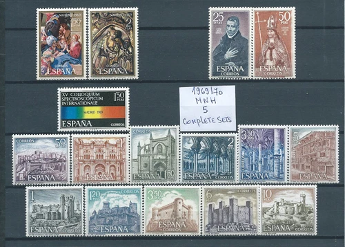 3 ) SPAIN 1969/70 : ALBUM PAGE WITH 5 COMPLETE SETS STAMPS MNH - THEMATIC