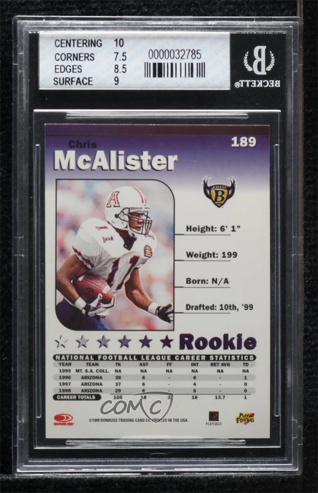 1999 Donruss Elite Rookie Chris McAlister #189 BGS 8 Rookie RC - Image 2 of 2