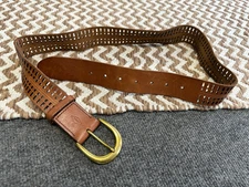 Fossil Brown Womens Medium Leather Belt Brass Buckle Western Casual Laser Cut