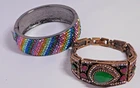 Turkish Emerald Green Stone Bracelet & Rainbow Rhinestones Hinged Bangle
