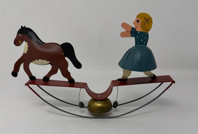 Mary & Dawson Gillaspy VTG Teeter Totter Tin Toy Decor Folk Art Girl Horse