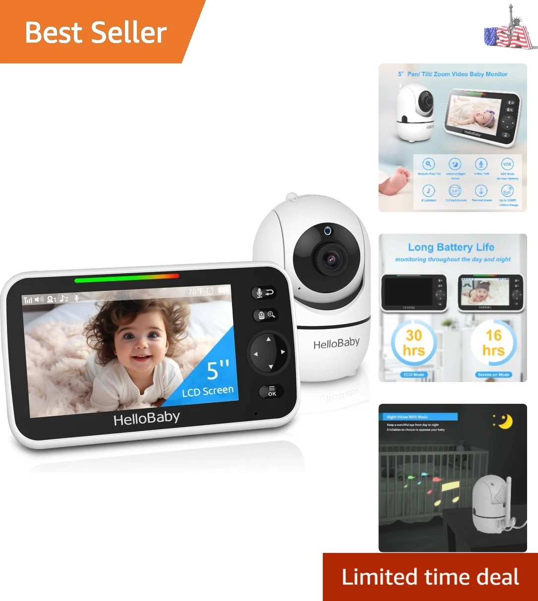 No WiFi Baby Monitor 5" Screen 30-Hour Battery Pan-Tilt-Zoom Video Upgrade wi...