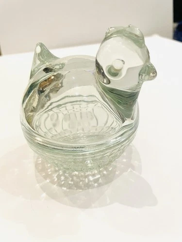 Anchor Hocking Clear Glass Hen on Nest • Vintage Small Chicken Candy Dish