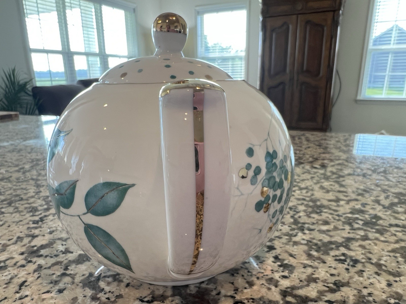 Grace's Teaware Teal & Metallic Gold Floral Print On White Teapot