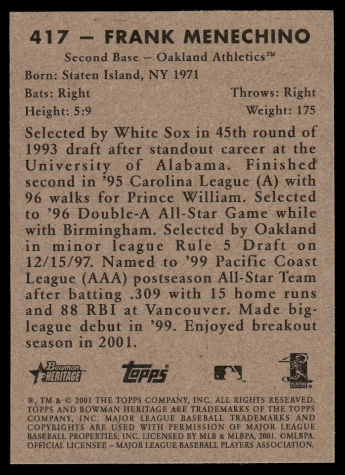 2001 Bowman Heritage #417 Frank Menechino - Image 2 of 2