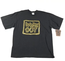 Vintage 90s T Shirt Black Gold Puff Print WORK OUT Retro Graphic Tee New w/tags