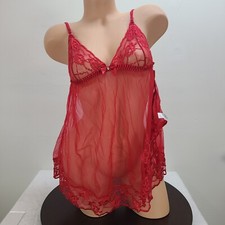 Fredericks Of Hollywood Babydoll Women Small Red Sheer Lace Bow Floral 2 Piece
