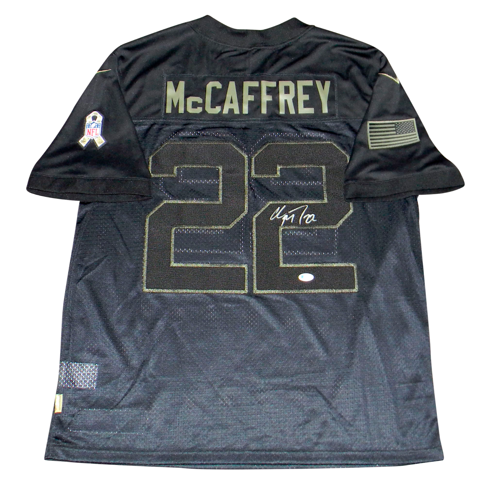 Christian McCaffrey Autographed Signed Carolina Panthers SALUTE TO SERVICE NIKE JERSEY BAS 