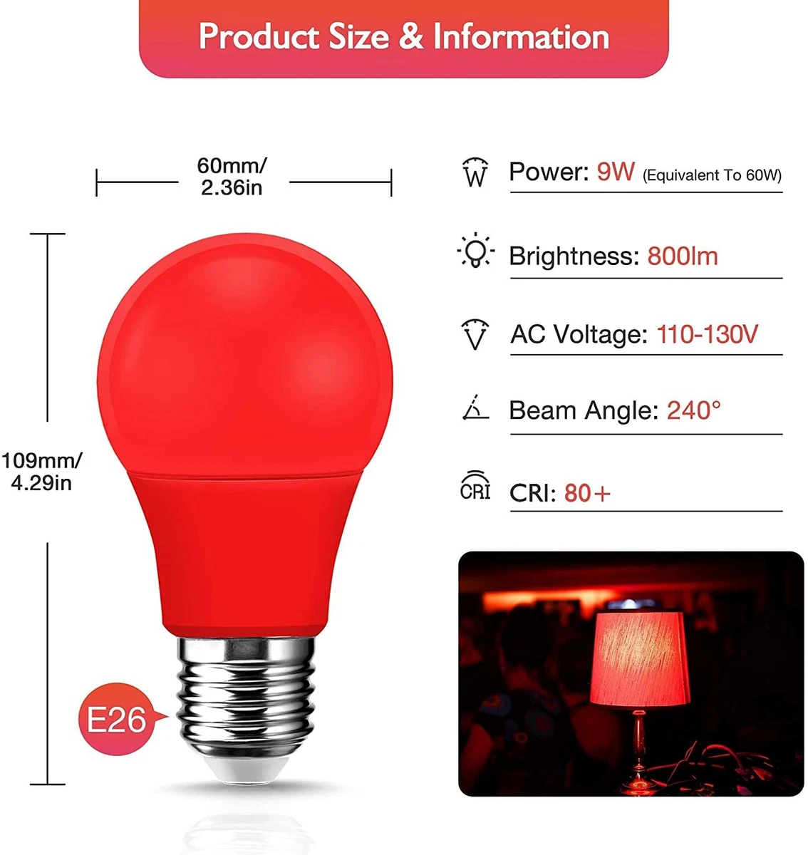 LED Red Light Bulb A19 E26 Base Red Color Light Bulbs 9W 60W Equivalent Red 2
