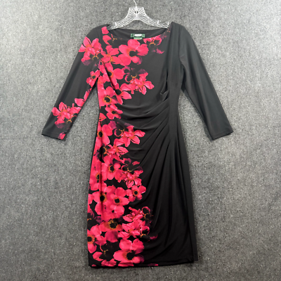 Lauren Ralph Lauren Dress Women's 4P Black Floral Ruched Jersey 3/4 Sleeve