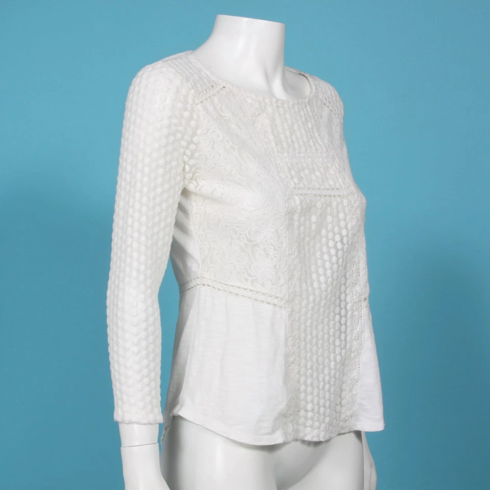 Lucky Brand слоновой кости кружева и сетки пэчворк верхний размер маленький белый 3/4 рукав - 652 - Изображение 3 из 4
