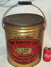 ANTIQUE USA PA COUNTRY FOOD FARM PRIMITIVE SIGN A&B PIG HOG LARD METAL TIN CAN 