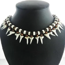 Awesome Unisex 21pc Mako Shark Tooth Surfer Bone Brown Heishi Beads Necklace