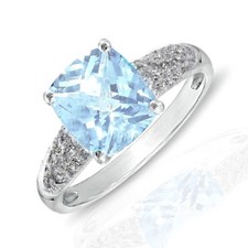 NATURAL AQUAMARINE and white Topaz SOLITAIRE Sterling silver RING