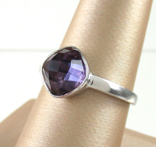 .925 Sterling Silver Amethyst Ring Checkerboard Cut Cushion Shape sz 8