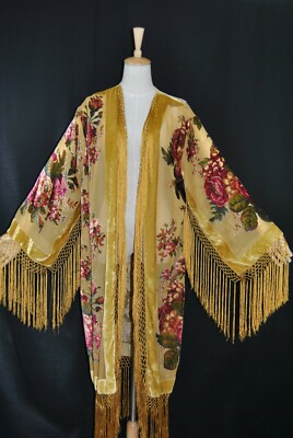 Art to Classic Eastern Flower Burnout Velvet Fringe Jacket Coat Kimono Duster 
