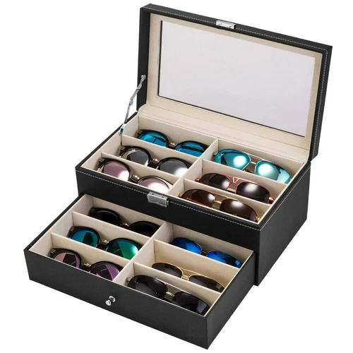 Leather 12 Piece Eyeglasses Storage and Sunglasses Display Drawer Lockable - - Picture 2 of 12