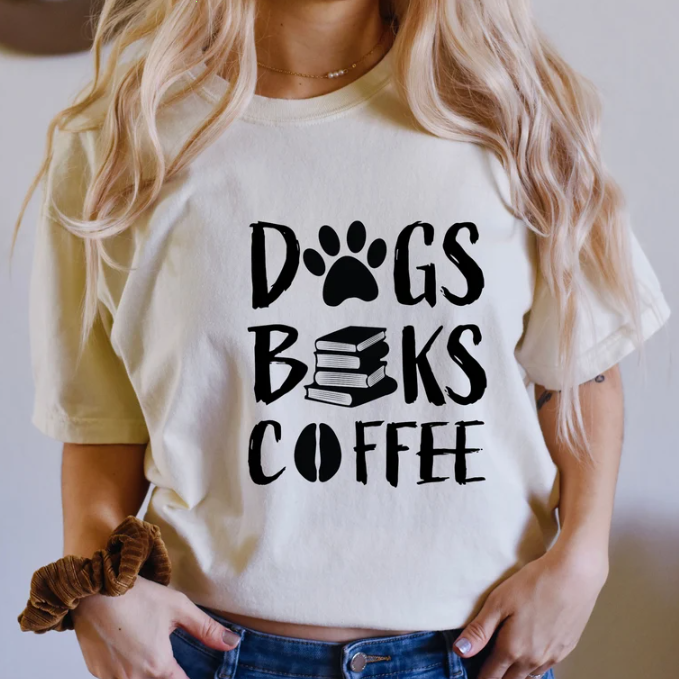 T-Shirt Unisex Dogs Books Coffee Shirt, Dogs Lover Shirt, Books Lover Shirt, Cof