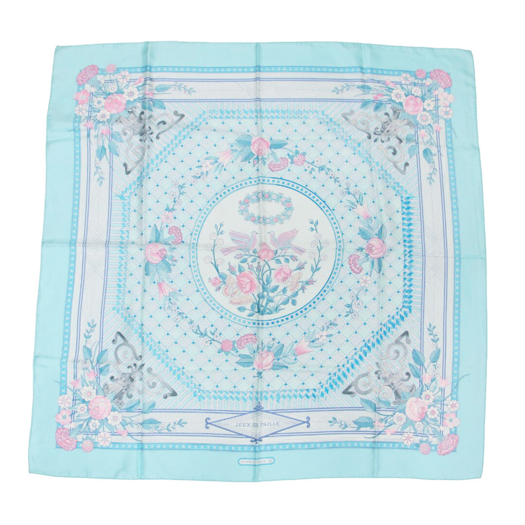 HERMES Carre 90 Light Blue JEUX DE PAILLE Silk 100% from