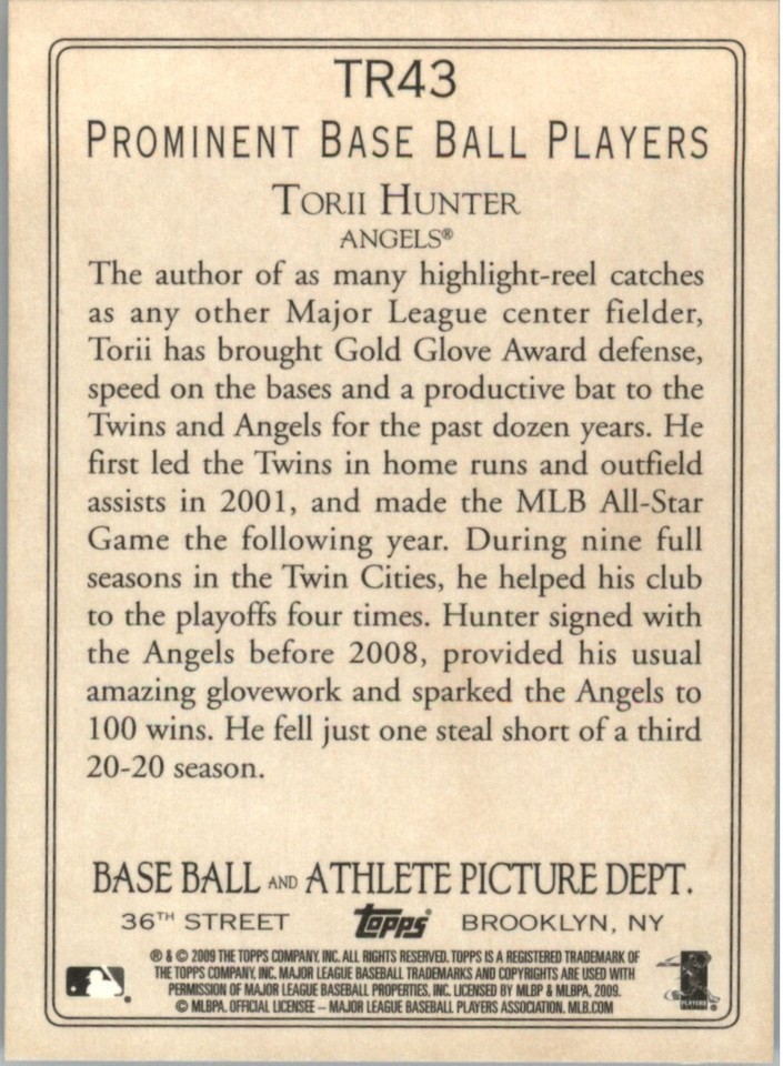 2009 Topps Turkey Red #TR43 Torii Hunter Los Angeles Angels Baseball ...