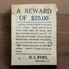 Early 1900s Branchville SC $25 Reward Broadside—H.S. Byrd Wanted Poster Original