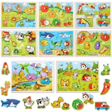 Chivao 8 Pack Puzzles for Toddler Wood Peg Puzzle Animals Wood Jigsaw Puzzles...