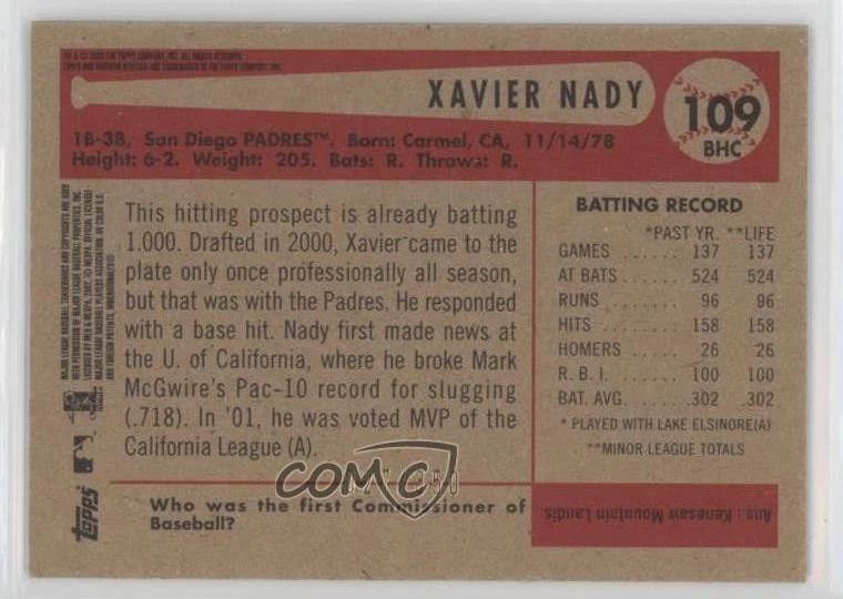 2002 Bowman Heritage Chrome Refractors /350 Xavier Nady #109BHC - Image 2 of 2