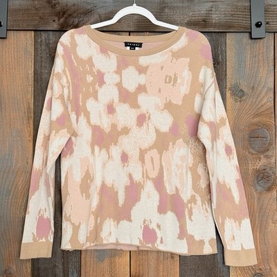 Tribal Floral Cotton Knit Sweater Women Medium Pink Tan