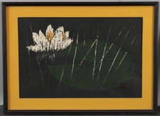 KAORU KAWANO Japanese Modernist Woodblock Print Lily Pad Lotus Flower QUIET RAIN