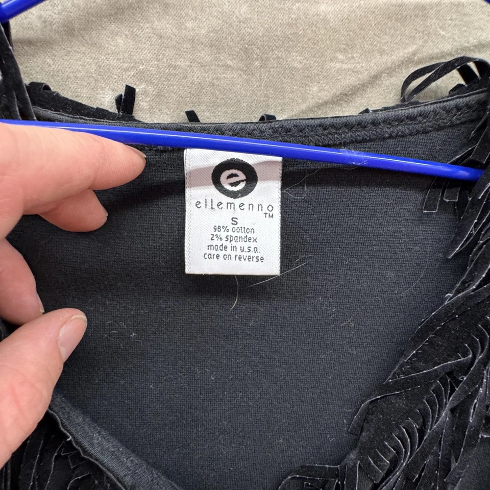 Camisa ellemenno Mujer Pequeña Negra Flecos Western Boho Manga Larga Hecha en EE. UU. Foto 2 de 4