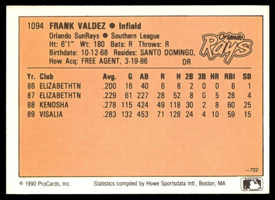 1990 ProCards FRANK VALDEZ #1094 Orlando Sun Rays - Image 2 of 2