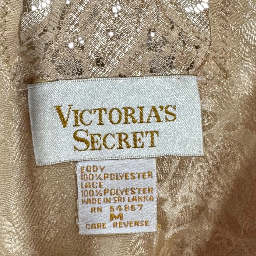 UNDERCOVER Camicia da notte vintage Victoria's Secret etichetta oro slip abito medio pizzo bordo marrone