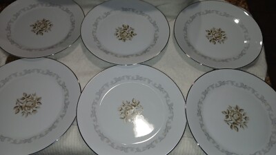 Japan Fine China Plates Wentworth 6 Plate set 10.5'' rose center silver rim