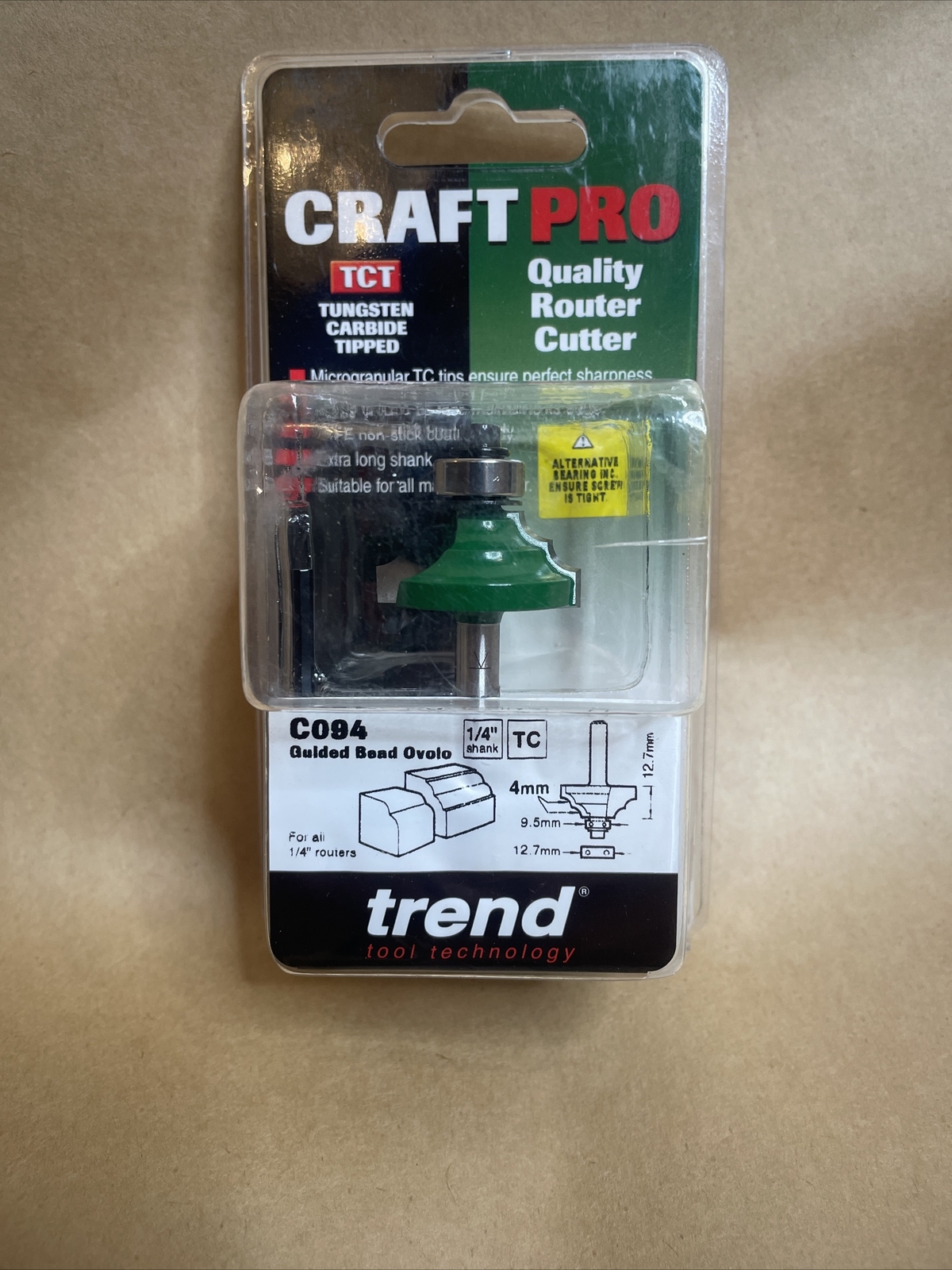 TREND C094X1/4TC TCT GUIDED 4MM RADIUS OVOLO ROUTER CUTTER BIT 1/4"" SHANK
