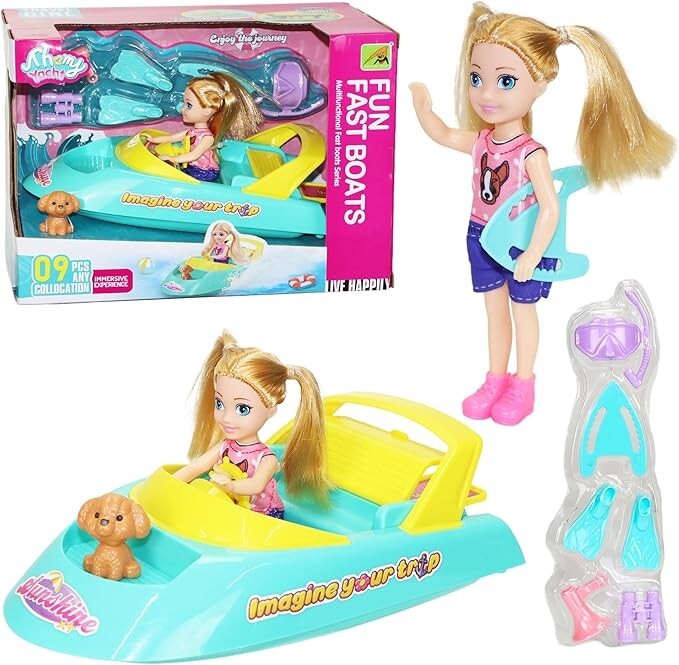 Juego de 9 piezas de juguetes de baño muñeca y barco de juguete mascota cachorro, tabla flotadora de vida, zapatos de buceo