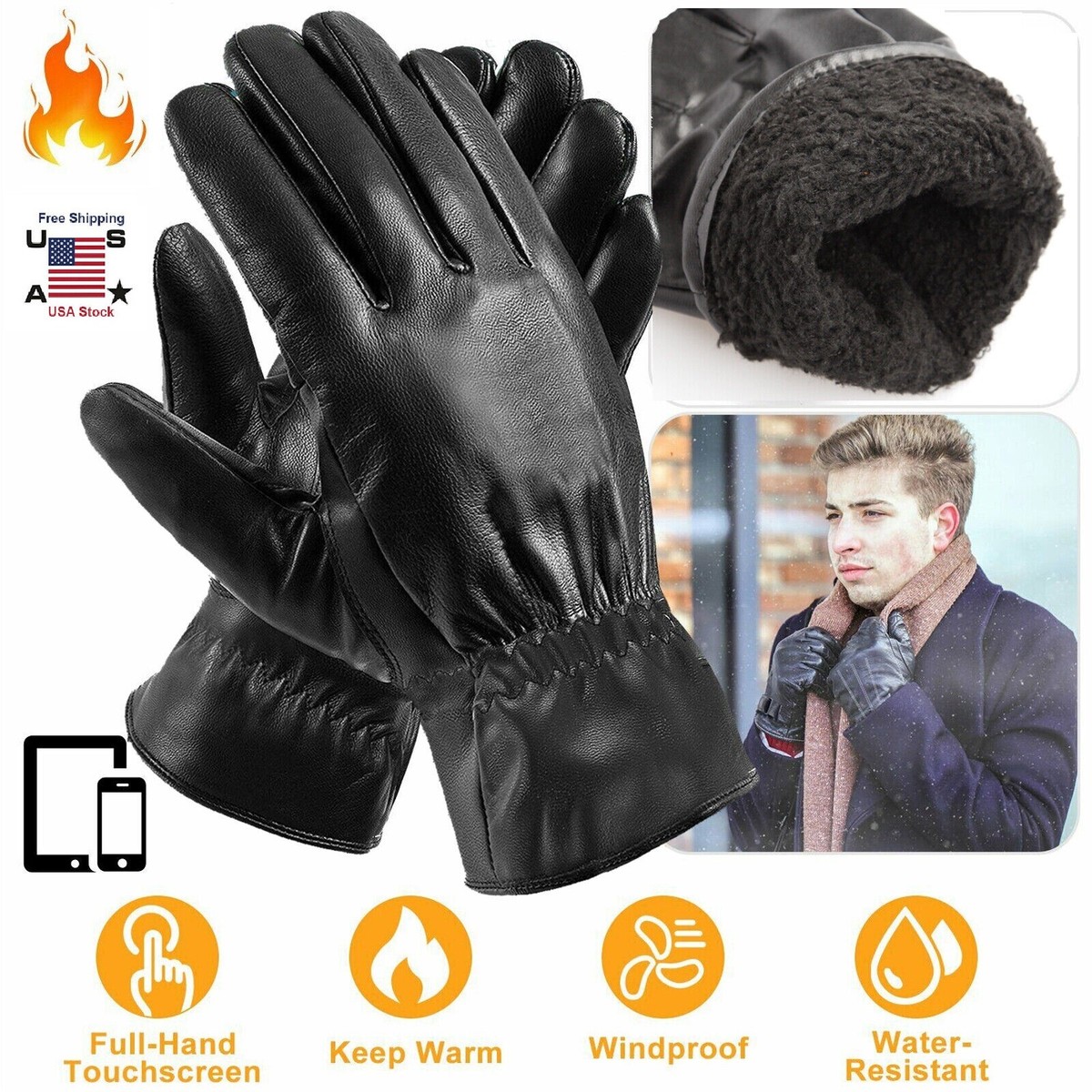 Men's Leather Thermal Winter Warm Gloves Waterproof Windproof