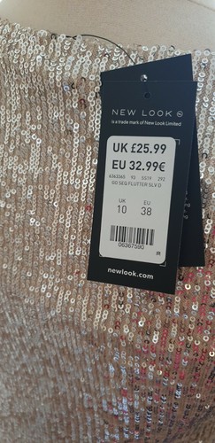New Look Minikleid Gold Pailletten Flatterärmel Größe 10 - Bild 6 von 10