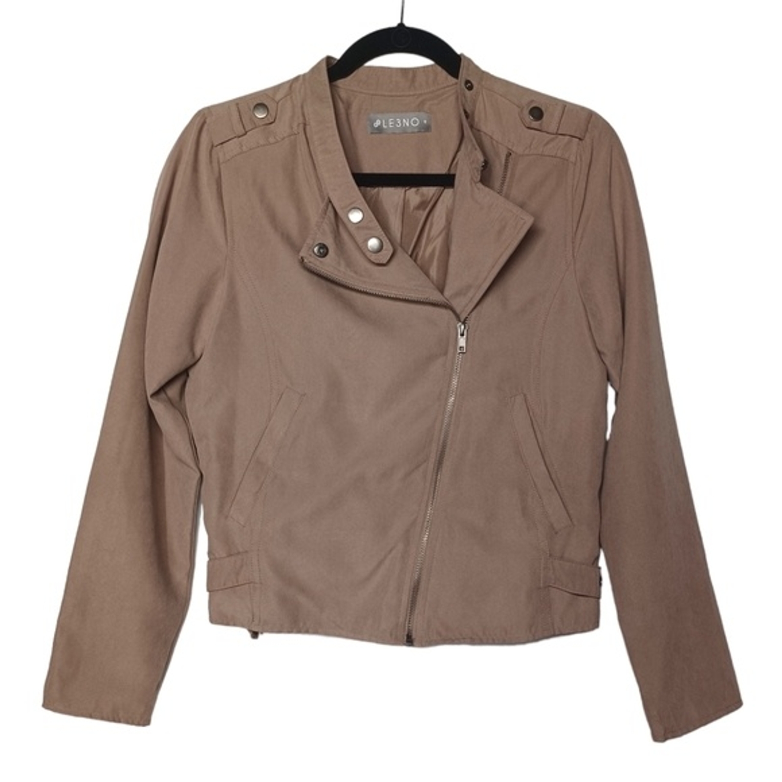 LE3NO Light Brown Tan Zipper Front Moto Style Long Sleeve Ja