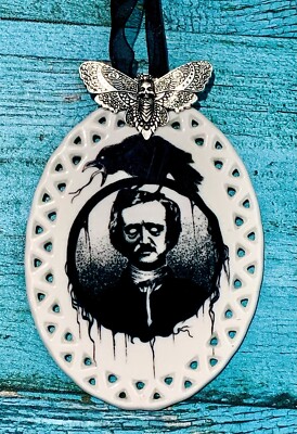 Edgar Allen Poe Ceramic Ornament, Vintage Style, Deathmoth, Gothic Christmas