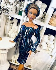 OOAK Curvy Fashion Doll Size Chic Black N Blue Cocktail Dress ensemble Last1 